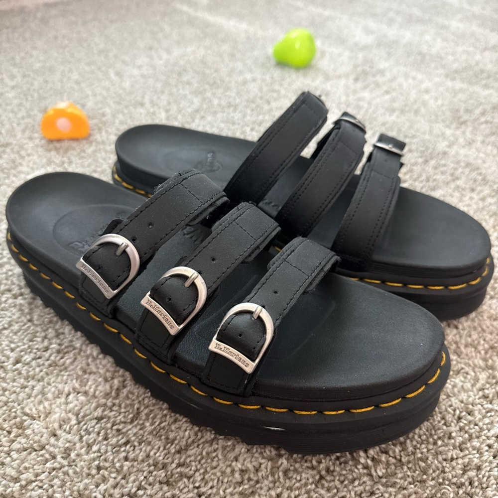 Dr. Martens Black Triple Strap Sandals with Silver Buckles